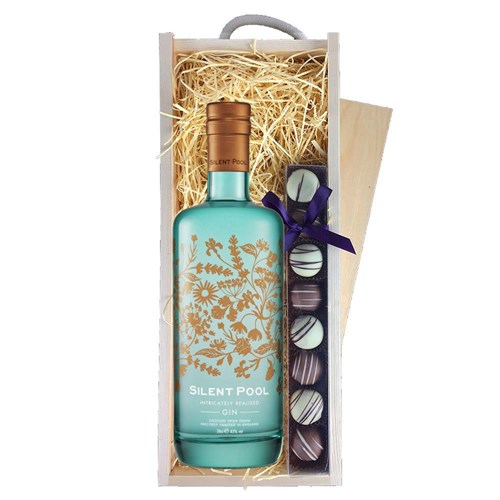 Silent Pool Gin 70cl & Heart Truffles, Wooden Box